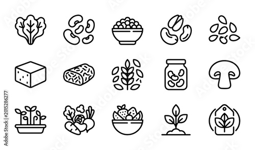 Konstfotografi Vegan Food Icons Set, Plant-Based Nutrition Symbols, Healthy Diet Vector Graphic