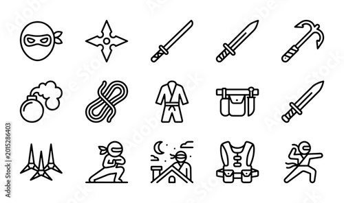 Foto Ninja Icons Set, Martial Arts Symbols, Warrior Equipment, Combat Gear, Stealth E