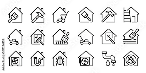 House maintenance and repair icons showing tools on building outlines