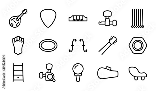Foto Musical Instrument Parts Vector Icons Set: Guitar, Violin, Mandolin, Accessories