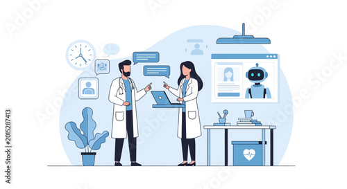Doctor utilizing advanced AI chatbot for patient care and medical assistance in a technological healthcare setting