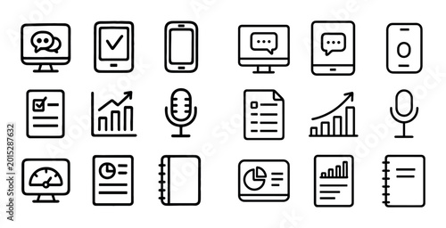 Communication and analytics icons displayed in organized grid layout