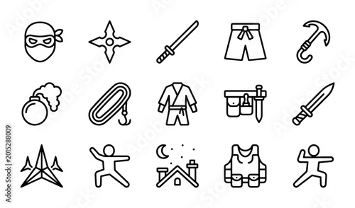 Bild auf Leinwand Ninja Warrior Icons, Martial Arts Symbols, Combat Gear Vector Set, Black and Whi