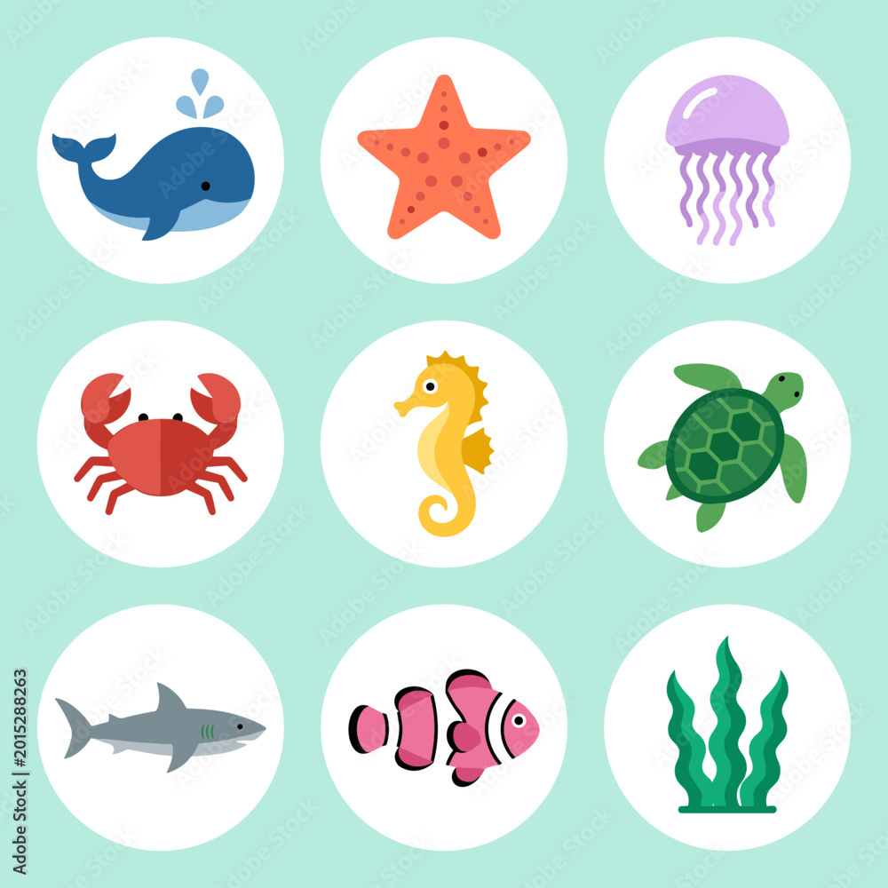 Fototapeta premium Marine Life and Sea Animal Icons Set, Whale, Starfish, Jellyfish, Crab, Seahorse, Turtle, Shark, Clownfish, Seaweed, Underwater Nature Biology