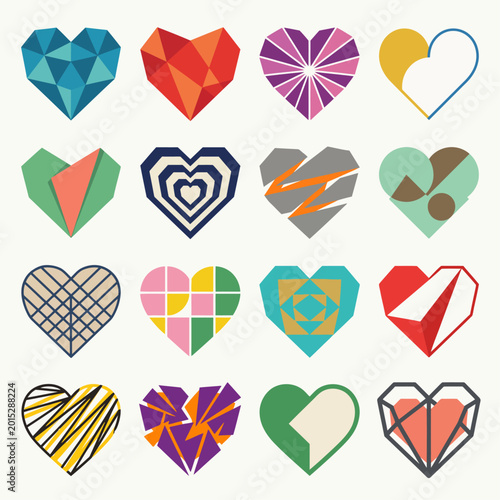 Geometric Abstract Heart Shapes Collection Minimal Flat Vector Design No Gradients Colorful Love Valentines Day Icons