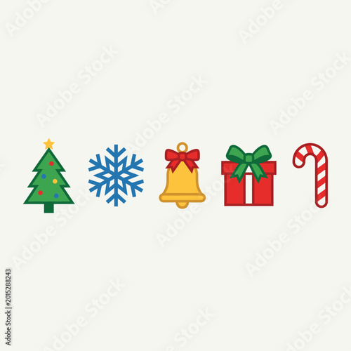 Christmas Icon Set Horizontal Row Tree Snowflake Bell Ornament Gift Candy Cane Colorful Holiday Xmas Vector Flat Design