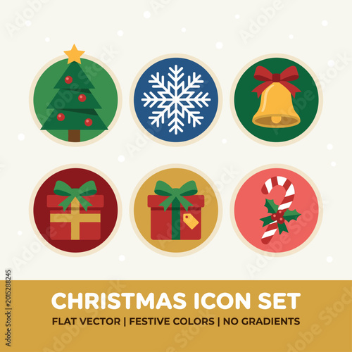 Christmas Icon Set Five Colors Circular Badge Design Tree Snowflake Bell Gift Candy Cane No Gradients Flat Vector