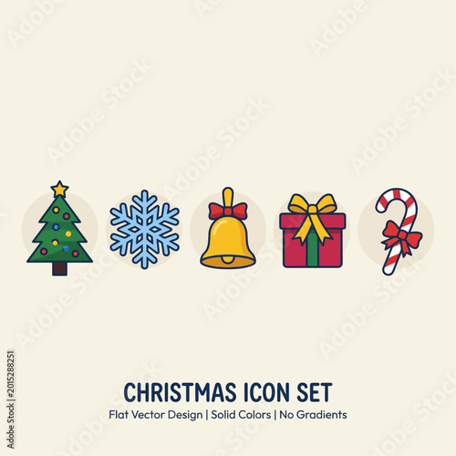 Christmas Icon Set Row Layout Flat Design Tree Snowflake Bell Gift Candy Cane Xmas Holiday Vector Illustration