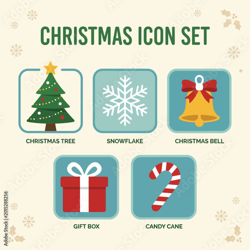 Christmas Icon Set Flat Design Christmas Tree Snowflake Bell Gift Candy Cane Holiday Vector Icons