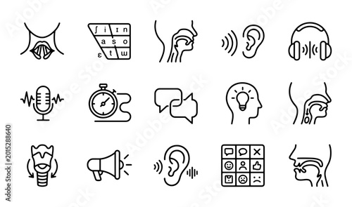 Foto Speech Therapy Icons, Vocal Cord Anatomy, Audiology Symbols, Communication Graph