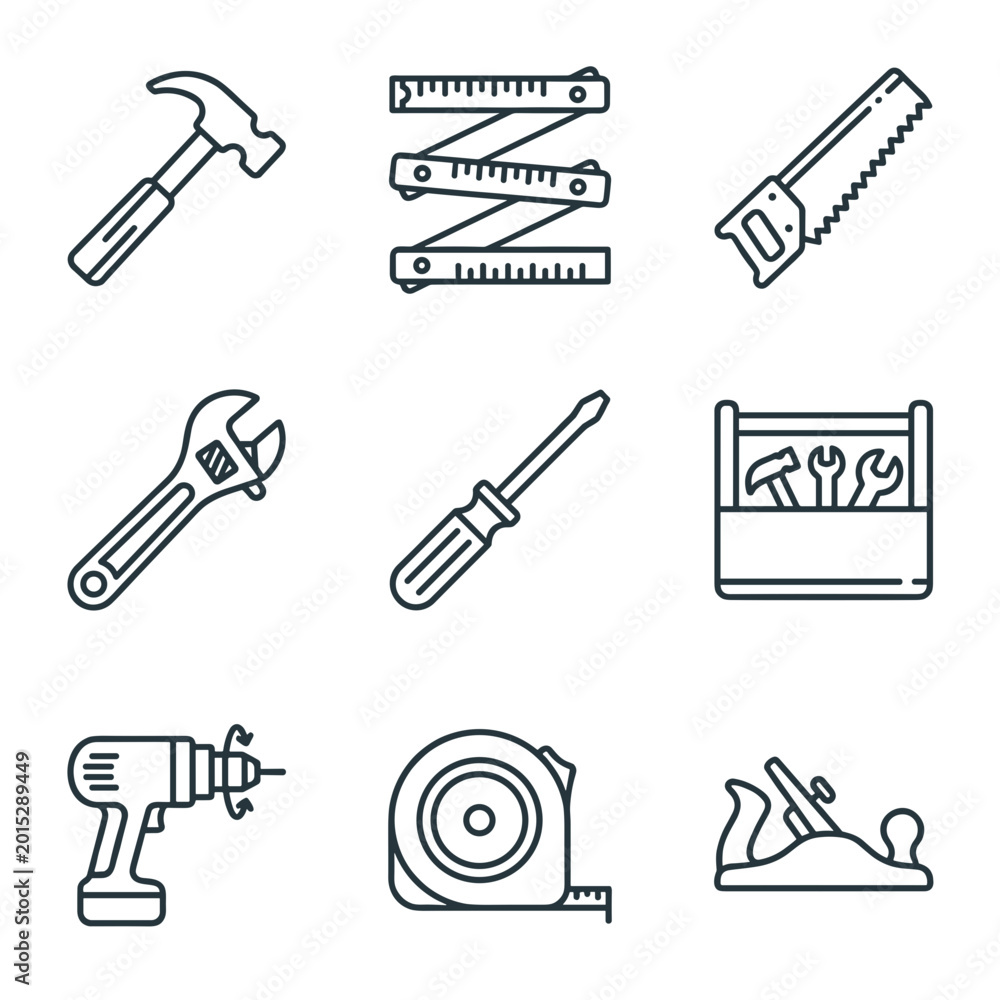 Fototapeta premium Hand Tools Workshop Icon Set, Hammer, Ruler, Hand Saw, Wrench, Screwdriver, Toolbox, Power Drill, Measuring Tape and Wood Plane Vector Symbols for Repair.