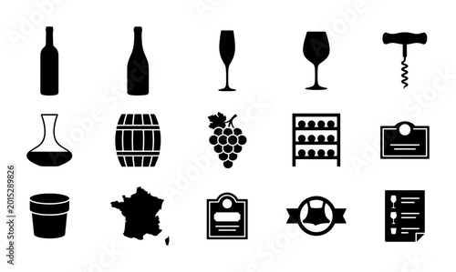 Bild auf Leinwand Wine Icons Set: Bottles, Glasses, Corkscrew, Barrel, Grapes, Rack, Decanter, Fra