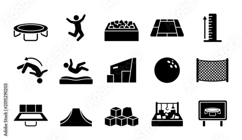 Indoor Trampoline Park Icons, Fun Activity Vector Graphics, Recreation Center Symbols, Kids Play Area Elements