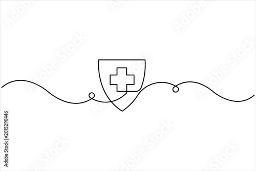 Continuous one line drawing of medical shield vector illustration. Protection health care line art shield concept