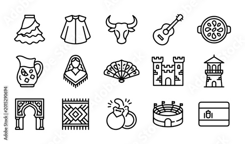 Spanish Culture Icons Set: Flamenco, Bullfighting, Architecture, Food Vector Graphics