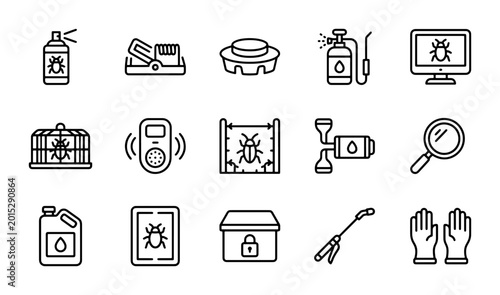 Foto Pest Control Icons: Insecticide Spray, Trap, Repellent, Monitor, Gloves, Magnifi