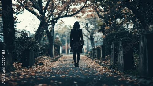 Woman walking alone through a dark cemetery path in autumn.