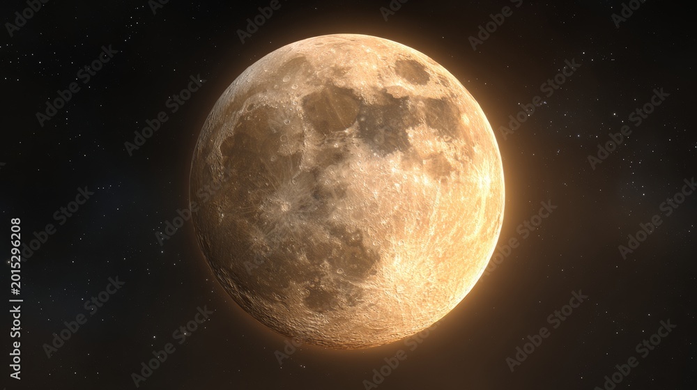 Obraz premium Full moon 3D render with glowing surface and realistic craters. 
