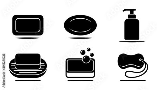 Obraz na płótnie Black Soap Icons Set, Bar Soap, Liquid Soap Dispenser, Sponge, Bubbles, Hygiene