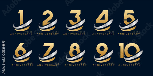 Set of modern vector logo designs for 1 years to 10 years anniversary with swoosh, in gold color for celebrations, weddings and birthdays