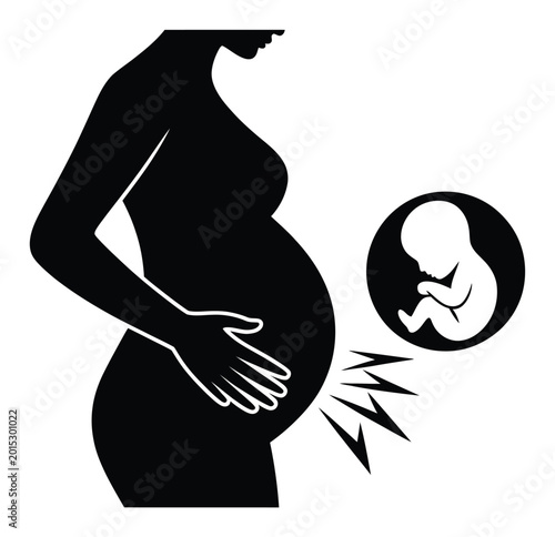 Pregnant Woman Silhouette with Fetal Kicking Vector Illustration