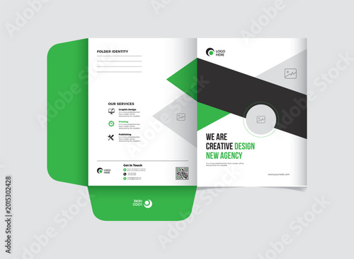 Modern corporate presentation folder design, green and black geometric business stationery template, professional creative agency identity layout