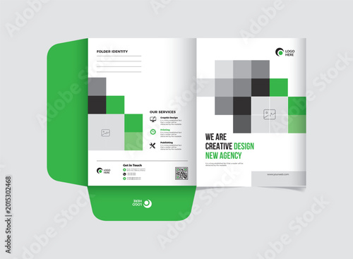 Modern corporate presentation folder design, professional business identity stationery, green and grey geometric agency brochure layout