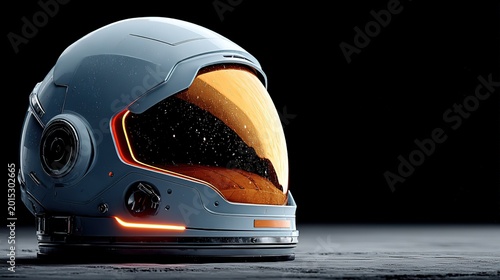 Futuristic Glossy Silver-Gray Astronaut Helmet with Gold Star-Reflective Visor and LED Accents, Sci-Fi Space Exploration Gear on Dark Background for Creative Design and Space-Themed Projects