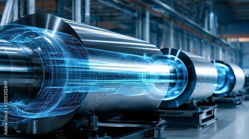 Industrial steel rolls displaying a glowing digital wireframe overlay, representing data, automation, and advanced manufacturing processes in a smart factory environment