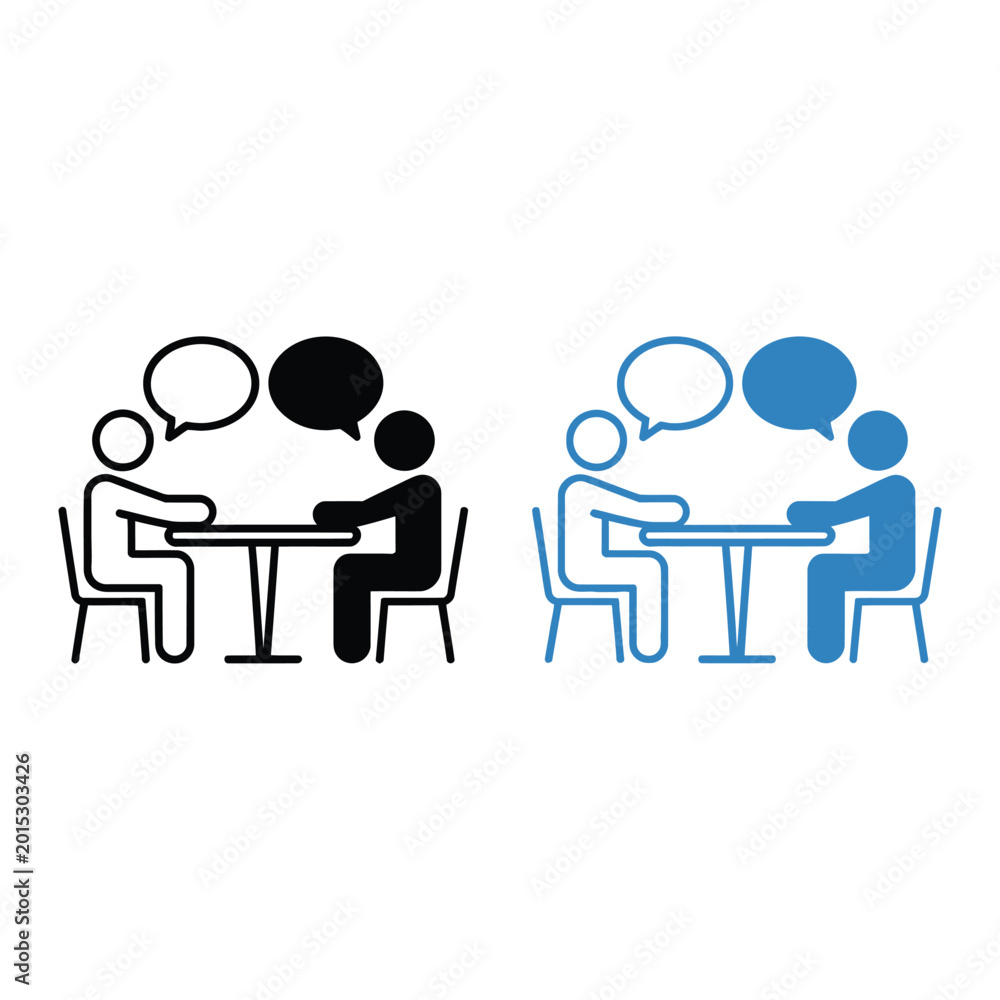 Fototapeta premium Two people sitting at table talking with speech bubbles, business meeting communication icons, black and blue colors.