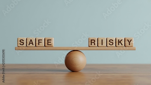 Wooden seesaw balancing safe and risky options on wooden blocks