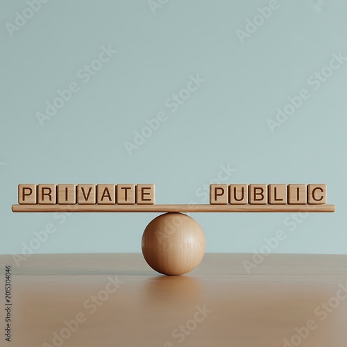 A wooden balance scale with private and public blocks on either side