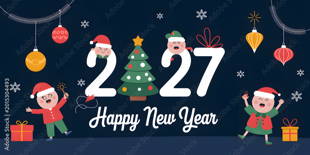Fototapeta premium Children celebrating with Christmas tree and gifts against a dark blue background