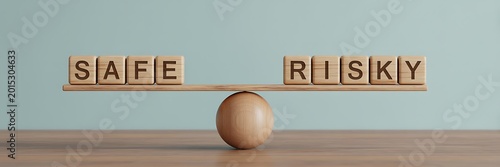 Wooden balance scale with safe and risky blocks on either side