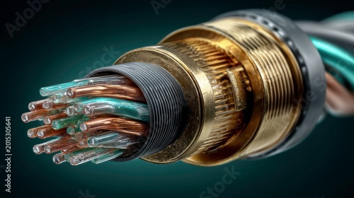 Close-up View of Fiber Optic Cable with Copper Wires and Connectors