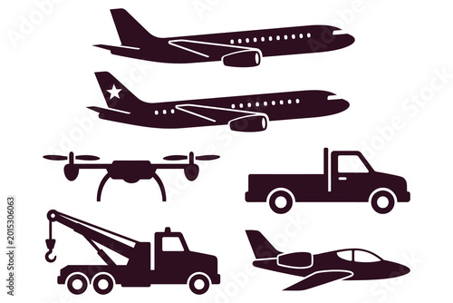 Tableau sur toile Set of six monochromatic transportation icons featuring commercial airplane twin