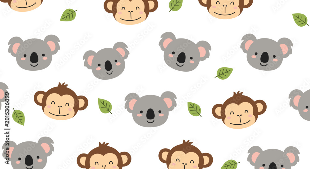Fototapeta premium Sweet seamless pattern of cute koala and monkey faces with small green leaves on a white background perfect for children nursery decor.