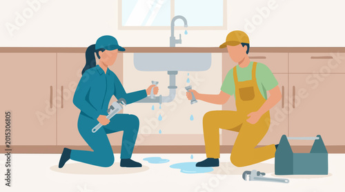 Photography Professional plumbers repairing a broken pipe under a kitchen sink