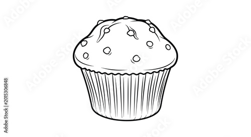 Detailed black and white line art illustration of a delicious blueberry muffin isolated on a plain white background.