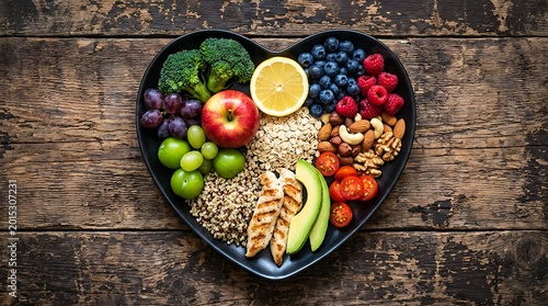 Heart shaped plate with diverse healthy foods fruits vegetables grains and protein for wellness