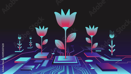 Futuristic Floral Technology Scene with Circuit Board