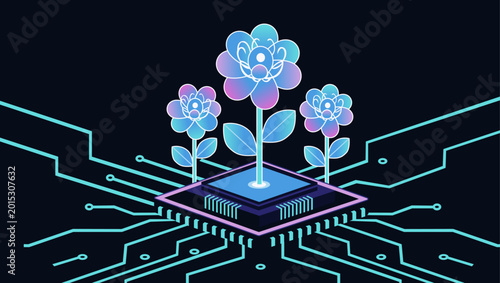 Futuristic Floral Technology Scene with Circuit Board