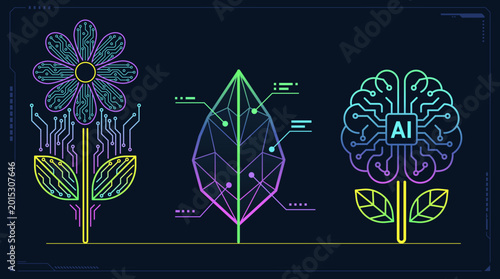 Futuristic Tech Floral Icon Set – Circuits and AI