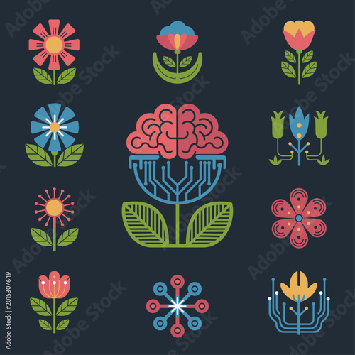 Tech Floral Icons – Digital Nature Vector Set