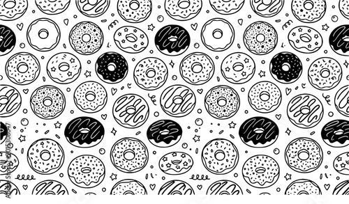 Seamless black and white donut pattern vector bakery background illustration