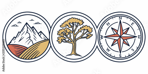Foto Collection of three circular emblems: mountain landscape with sun a solitary tre