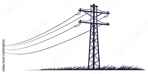 Bild auf Leinwand Electrical power line pylon silhouette with wires standing in grass against a wh