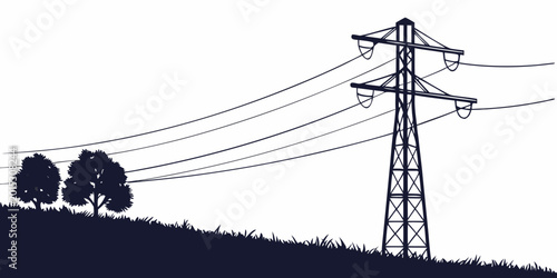Bild auf Leinwand Electrical power line pylon silhouette with wires on a grassy incline with scatt