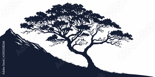 Bild auf Leinwand Silhouette of a large sprawling tree on a mountainside with a rocky peak black a
