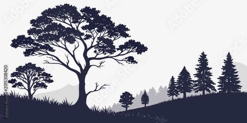 Cuadro en lienzo A graphic landscape featuring silhouetted trees and rolling hills with distant m